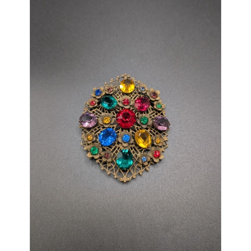 Vintage Unsigned Czech Filigree Brooch Multicolor Rhinestone Brass Tone Pin